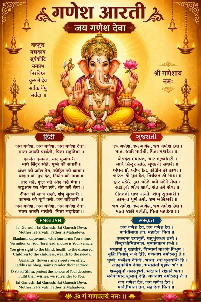 Meta Description: ગણેશ આરતી “જય ગણેશ જય ગણેશ દેવા” હિન્દી, ગુજરાતી, English અને સંસ્કૃતમાં વાંચો. ગણેશજીની આરતી, મહત્વ અને ઉપયોગી માહિતી મેળવો.