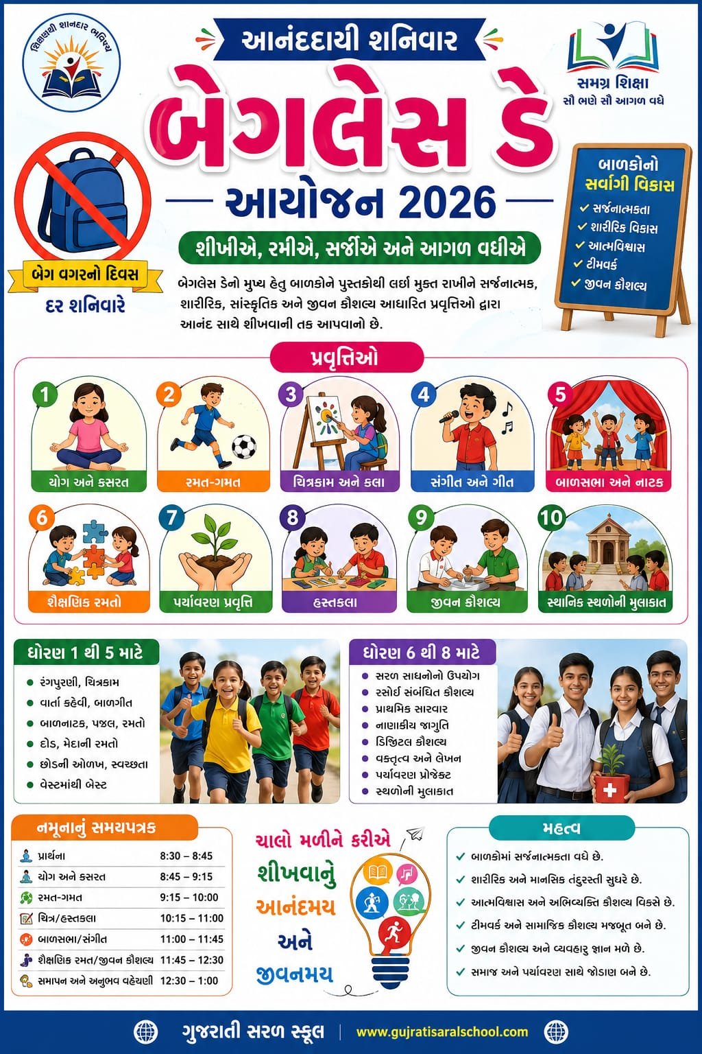 બેગલેસ ડે આયોજન 2026 | Bagless Day Activities Gujarat School