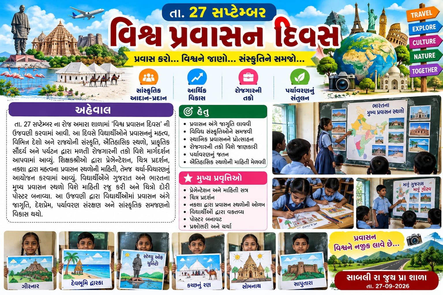 27 સપ્ટેમ્બર વિશ્વ પ્રવાસન દિવસની ઉજવણી, હેતુ, પર્યટનનું મહત્વ, સાંસ્કૃતિક આદાન-પ્રદાન, રોજગાર, આર્થિક વિકાસ અને પર્યાવરણ વિશે જાણો.