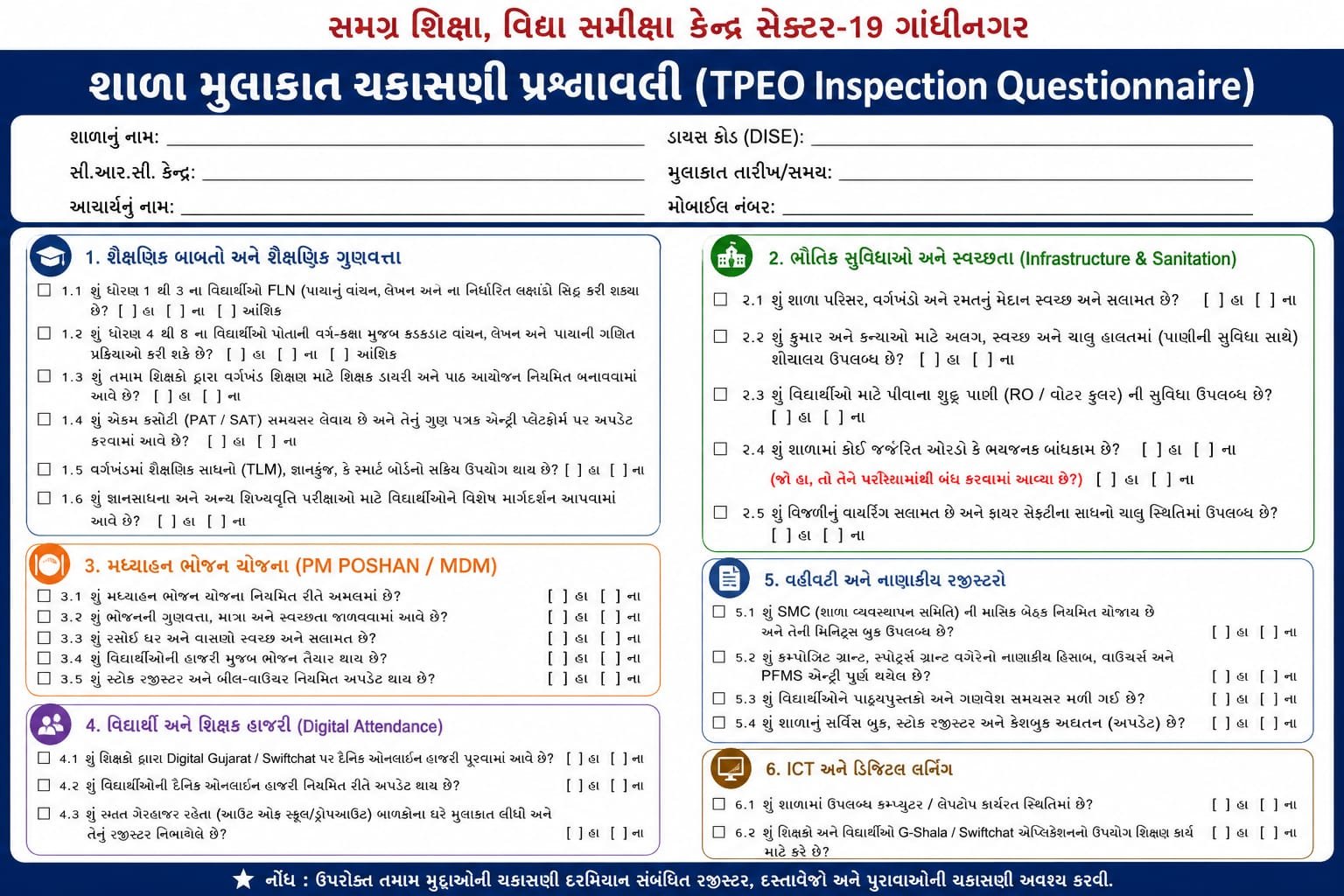 TPEO Inspection Questionnaire 2026 મુજબ શાળા મુલાકાત માટેની પ્રશ્નાવલી, FLN, સ્વચ્છતા, હાજરી, SMC, નાણાકીય રજીસ્ટર, ICT અને શૈક્ષણિક ગુણવત્તાની સંપૂર્ણ માહિતી.