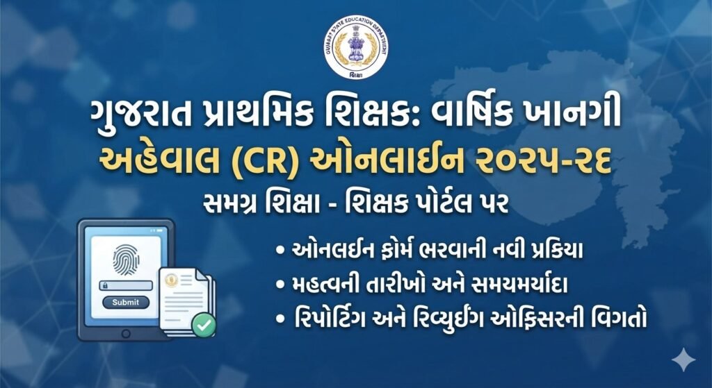 ગુજરાત પ્રાથમિક શિક્ષક વાર્ષિક ખાનગી અહેવાલ ઓનલાઈન પ્રક્રિયા ૨૦૨૫-૨૬. શિક્ષક પોર્ટલ પર લોગિન, ઓનલાઈન ફોર્મ સબમિશનના નિયમો અને છેલ્લી તારીખોની સંપૂર્ણ માહિતી અહીં જુઓ.